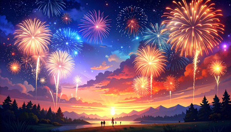 Colorful fireworks against the background of the mountains and the lake.の素材