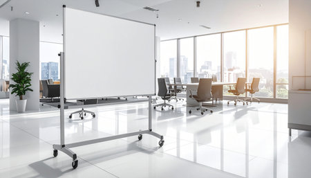 Modern conference room interior with empty whiteboard and city view. 3D Renderingの素材