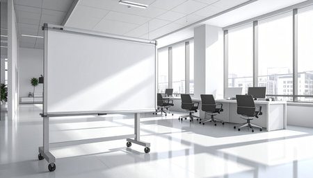 Modern bright office with white walls, concrete floor, long white computer tables with black chairs and white mock up poster. 3d renderingの素材