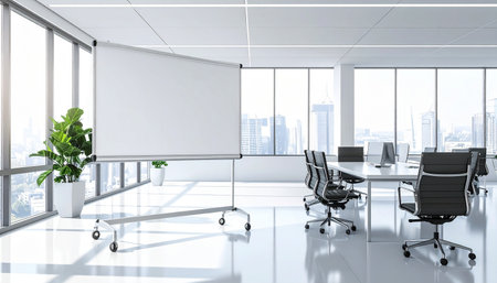 Interior of modern conference room with white walls, trolley and panoramic window with city view. 3d renderingの素材