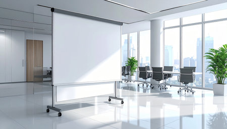 White office interior with a panoramic window, a city view and a blank poster. 3d rendering mock upの素材