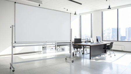 Interior of modern office with blank whiteboard and city view. 3D Renderingの素材