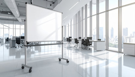 Modern office interior with blank whiteboard and city view. 3D Renderingの素材