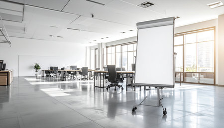 Modern conference room interior with blank whiteboard and city view. 3D Renderingの素材