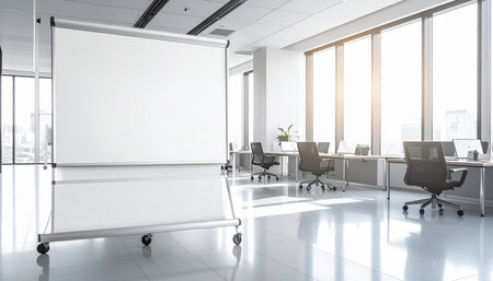 Modern office interior with blank white poster on the wall. Mock up, 3D Renderingの素材