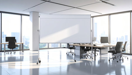 Modern conference room interior with empty whiteboard and city view. Mock up, 3D Renderingの素材