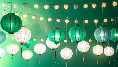 Colorful chinese lanterns hanging on the ceiling at night.の素材