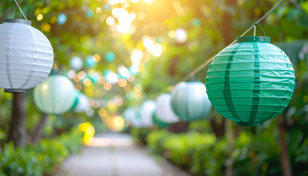 Colorful paper lanterns hanging in the garden,Thailand.の素材