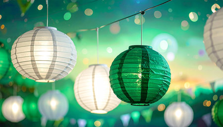 Colorful paper lanterns hanging on the ceiling with bokeh backgroundの素材