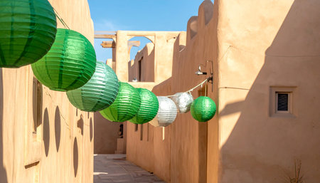 Colorful lanterns hanging on the wall of the medina in Yazd, Iranの素材