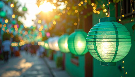 Colorful paper lanterns hanging on the street in the evening.の素材