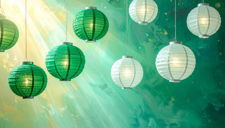 Colorful chinese lanterns hanging on a green wall background.の素材