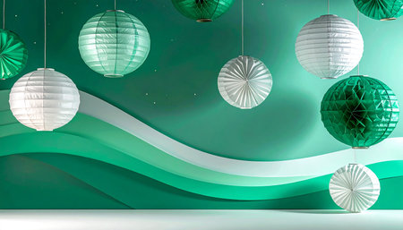 3d rendering, abstract background with green and white paper lanternsの素材