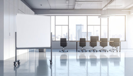 Modern conference room interior with blank whiteboard and black chairs. 3D Renderingの素材