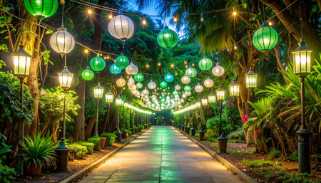 Lanterns hanging in the garden at night, Thailand.の素材