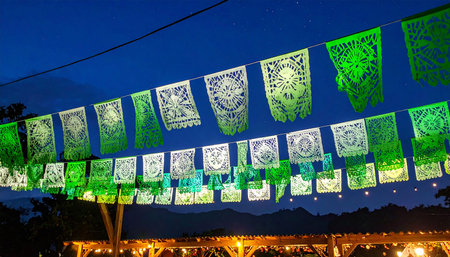 Colorful paper lanterns hanging on a rope in the evening.の素材