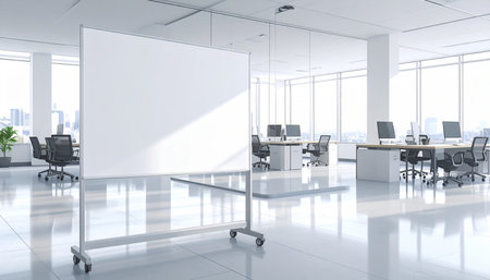 Interior of modern office with white walls, tiled floor, rows of computer tables and white mock up poster. 3d renderingの素材