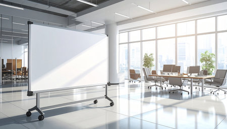 Modern conference room interior with blank whiteboard and city view. 3D Renderingの素材