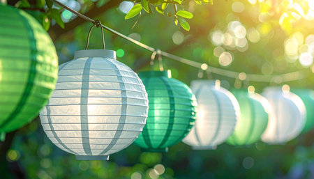 Colorful paper lanterns hanging on the tree with bokeh backgroundの素材