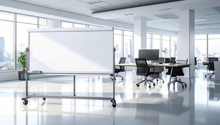 Modern conference room interior with blank whiteboard and city view. Mock up, 3D Renderingの素材