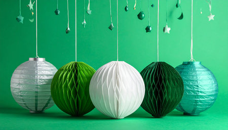 Colorful paper christmas balls on green background, close-upの素材