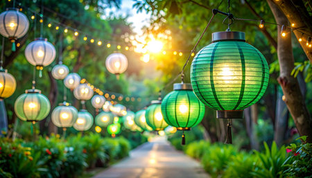Colorful Chinese lanterns in the garden with light and shadow.の素材