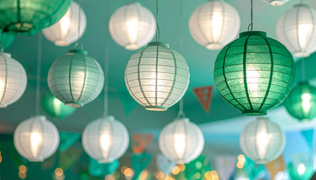Colorful paper lanterns hanging on the ceiling with bokeh backgroundの素材