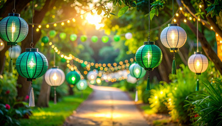 Colorful paper lanterns in the garden with light bokehの素材