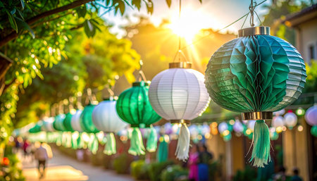 Colorful paper lanterns hanging in the garden at Chiang Mai, Thailand.の素材