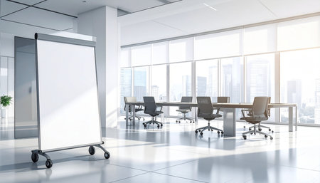 Modern meeting room interior with blank poster and city view. Mock up, 3D Renderingの素材