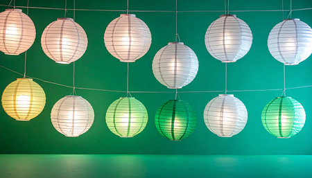 Colorful paper lanterns hanging on a green wall in the roomの素材