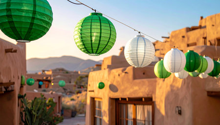 Colorful paper lanterns hanging in front of a house in the desertの素材