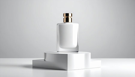 Perfume bottle on white podium. 3d render illustration.の素材