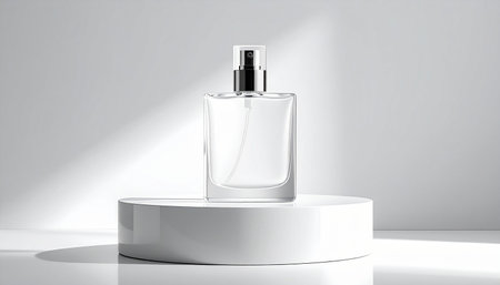 Perfume bottle mockup on white podium, 3d renderingの素材