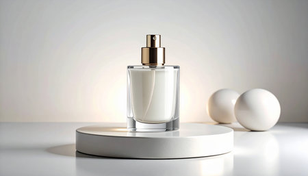 Perfume bottle mockup on white podium. 3D renderingの素材