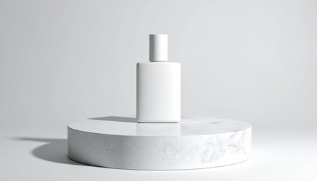 White cosmetic bottle on white marble pedestal. 3d render illustrationの素材