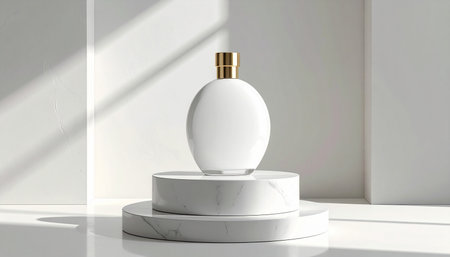 3d render of a white perfume bottle on a white marble podiumの素材