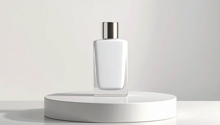 White cosmetic bottle on a white podium. 3d rendering mock upの素材