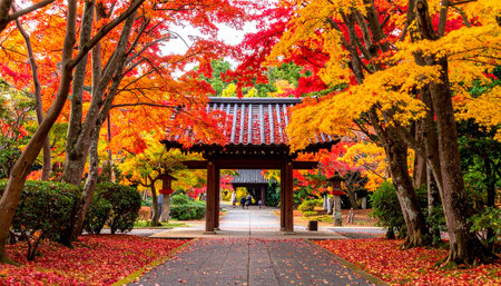 Beautiful maple tree with red and yellow leaves in japanese gardenの素材