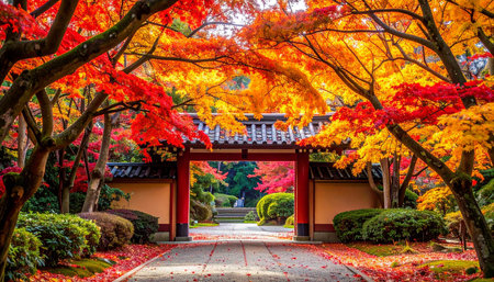 Beautiful red maple leaf tree in japanese garden during autumn seasonの素材