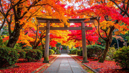 Beautiful red maple tree and torii gate at japanese gardenの素材