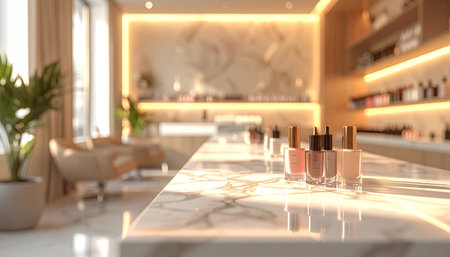 Nail polish bottlesle counter in beauty salon. 3d renderingの素材
