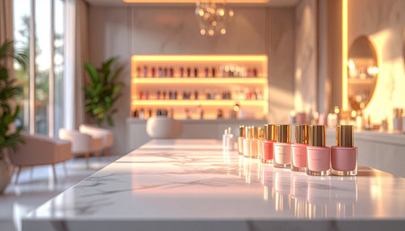 3d render of nail polish bottles on white marble table in beauty salonの素材