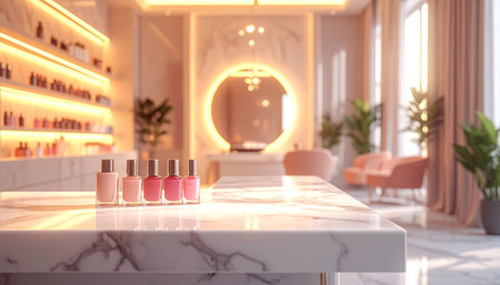Nail polish bottlesle table in beauty salon, 3d renderの素材