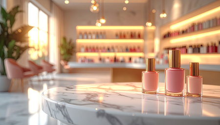 3d render of nail polish bottles on white marble table in beauty salonの素材