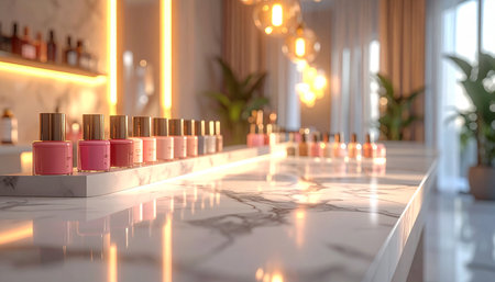 Nail polish bottlesle counter in beauty salon. 3d renderingの素材