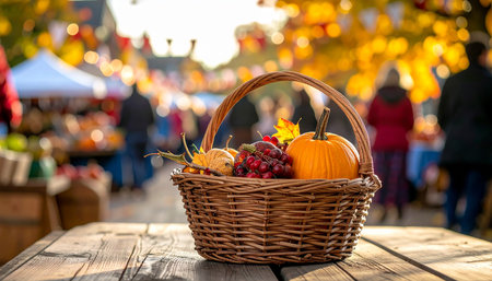 Wicker basket with pumpkins and berries on wooden table at autumn fairの素材