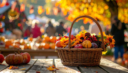 Autumn still life with a basket full of pumpkins and flowersの素材