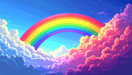 Rainbow in the sky with clouds. Vector illustration for your designの素材