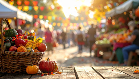Autumn harvest in a basket on a wooden table at the fairの素材